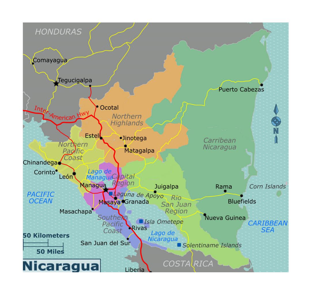 Detailed regions map of Nicaragua