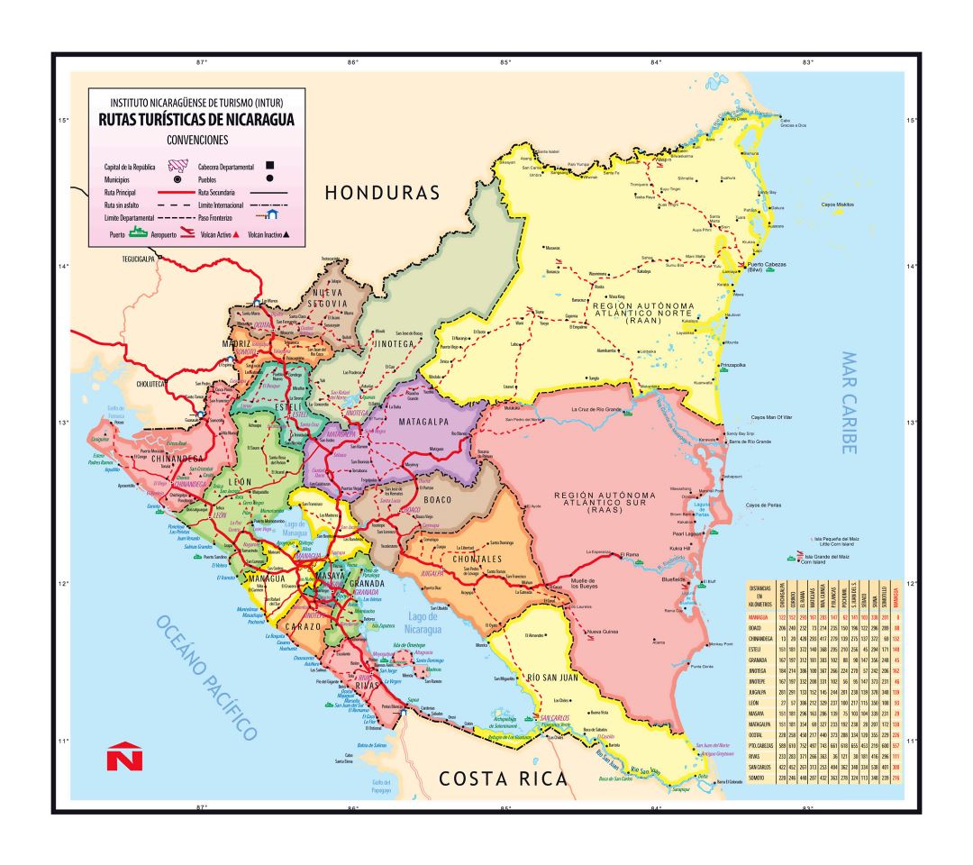 Large detailed administrative map of Nicaragua with other marks