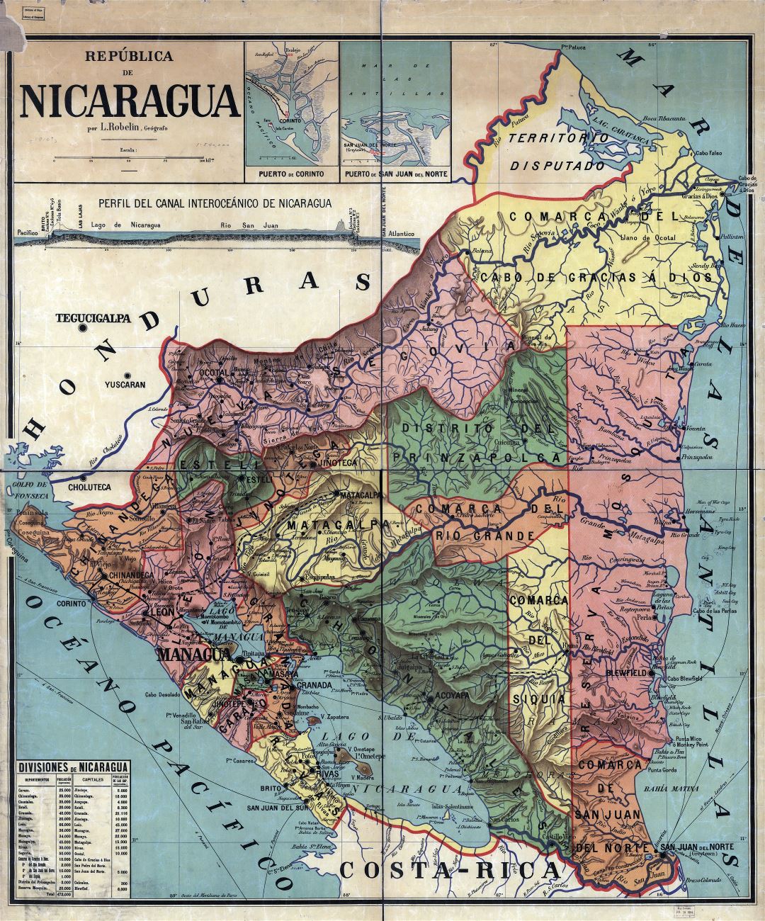 Large detailed old administrative divisions map of Nicaragua - 1913