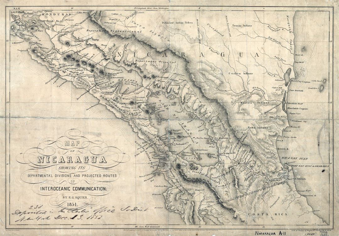 Large detailed old map of Nicaragua with departmental divisions and projected routes of interoceanic communication - 1851