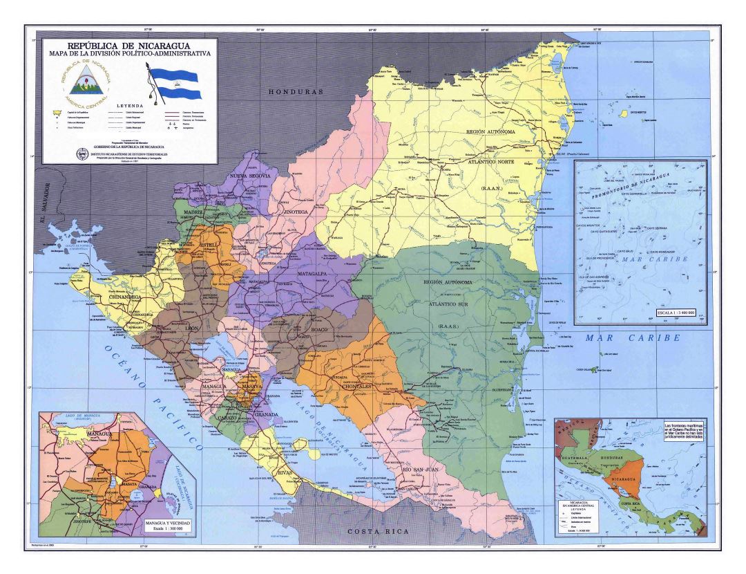 Large detailed political and administrative map of Nicaragua with other marks