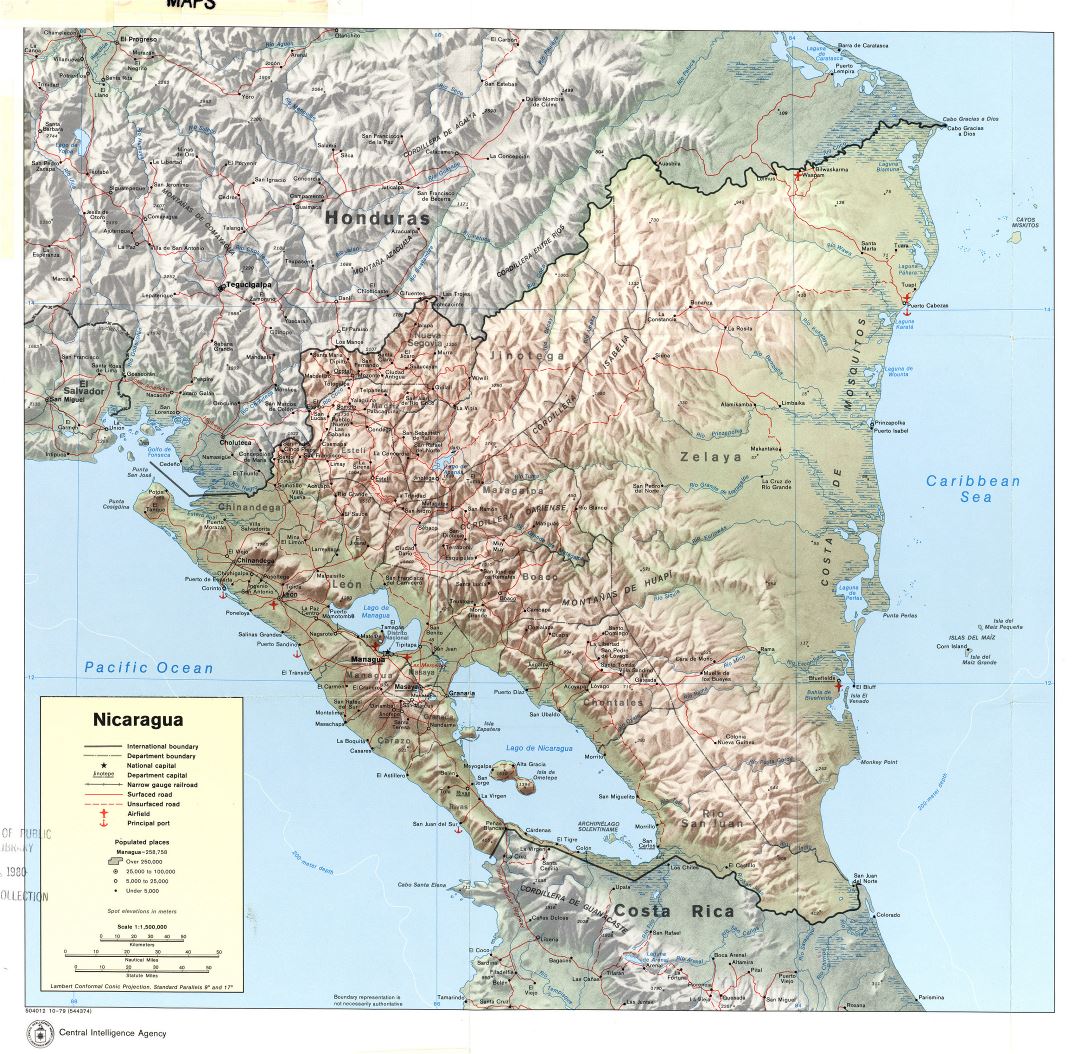 Large detailed political and administrative map of Nicaragua with relief, roads, railroads, cities, ports and airports - 1979