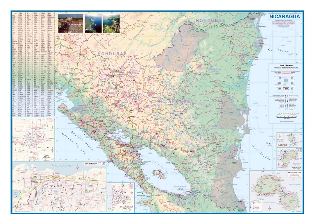 Large detailed road map of Nicaragua with other marks