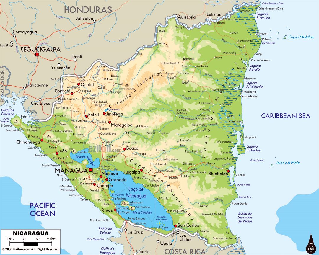 Large physical map of Nicaragua with roads, cities and airports
