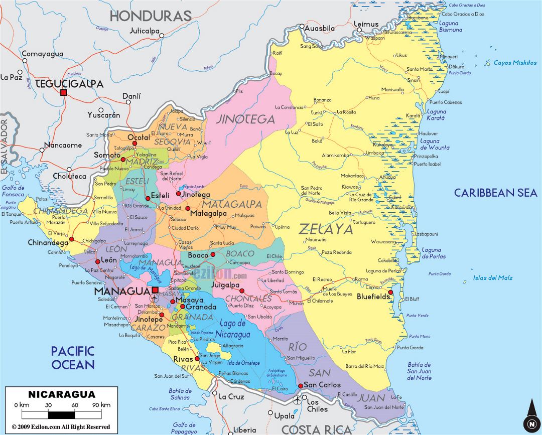 Large political and administrative map of Nicaragua with roads, cities and airports