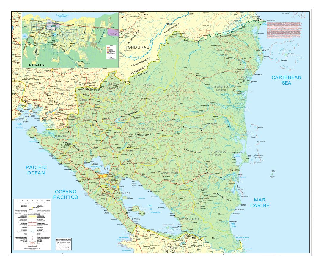 Large road map of Nicaragua with cities, airports and other marks