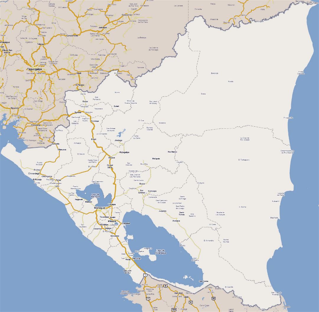 Large road map of Nicaragua with cities