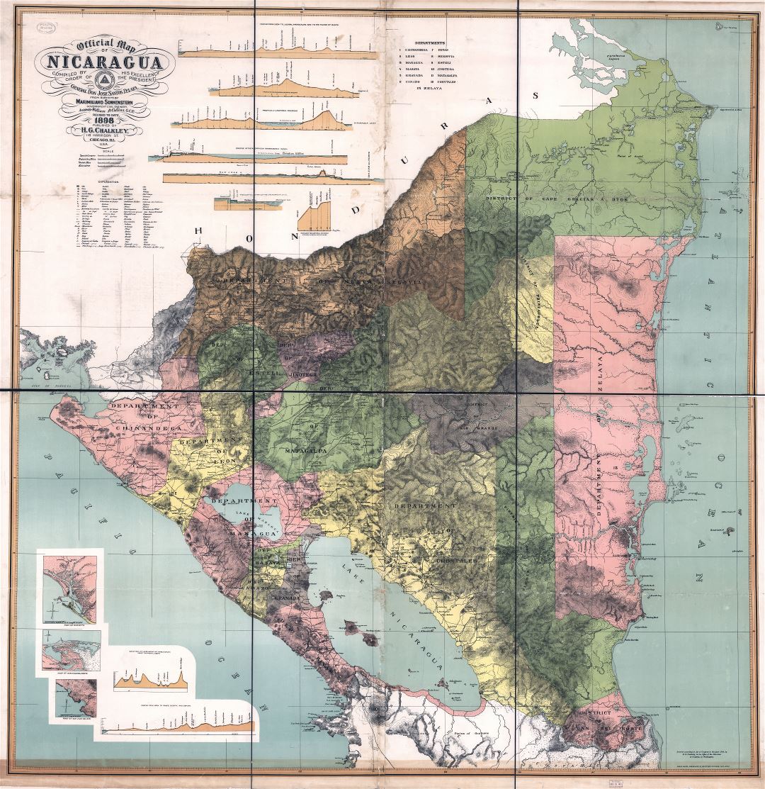 Large scale detailed old map of Nicaragua with relief and administrative divisions - 1898