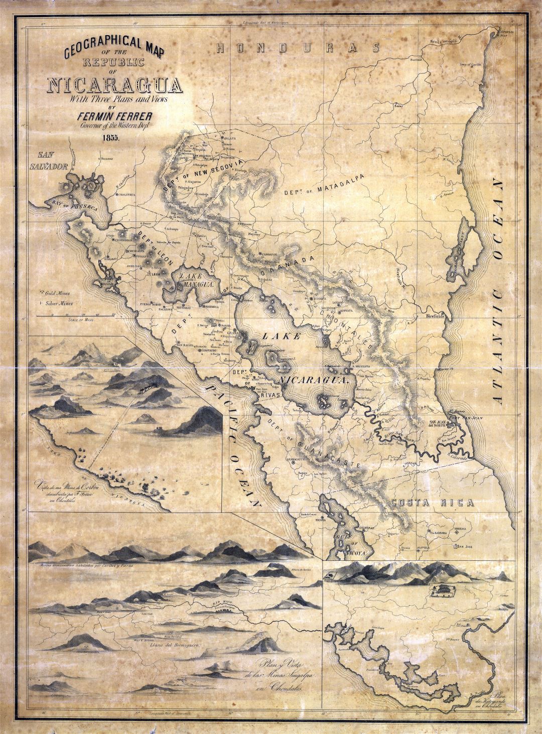 Large scale old geographical map of the Republic of Nicaragua - 1855