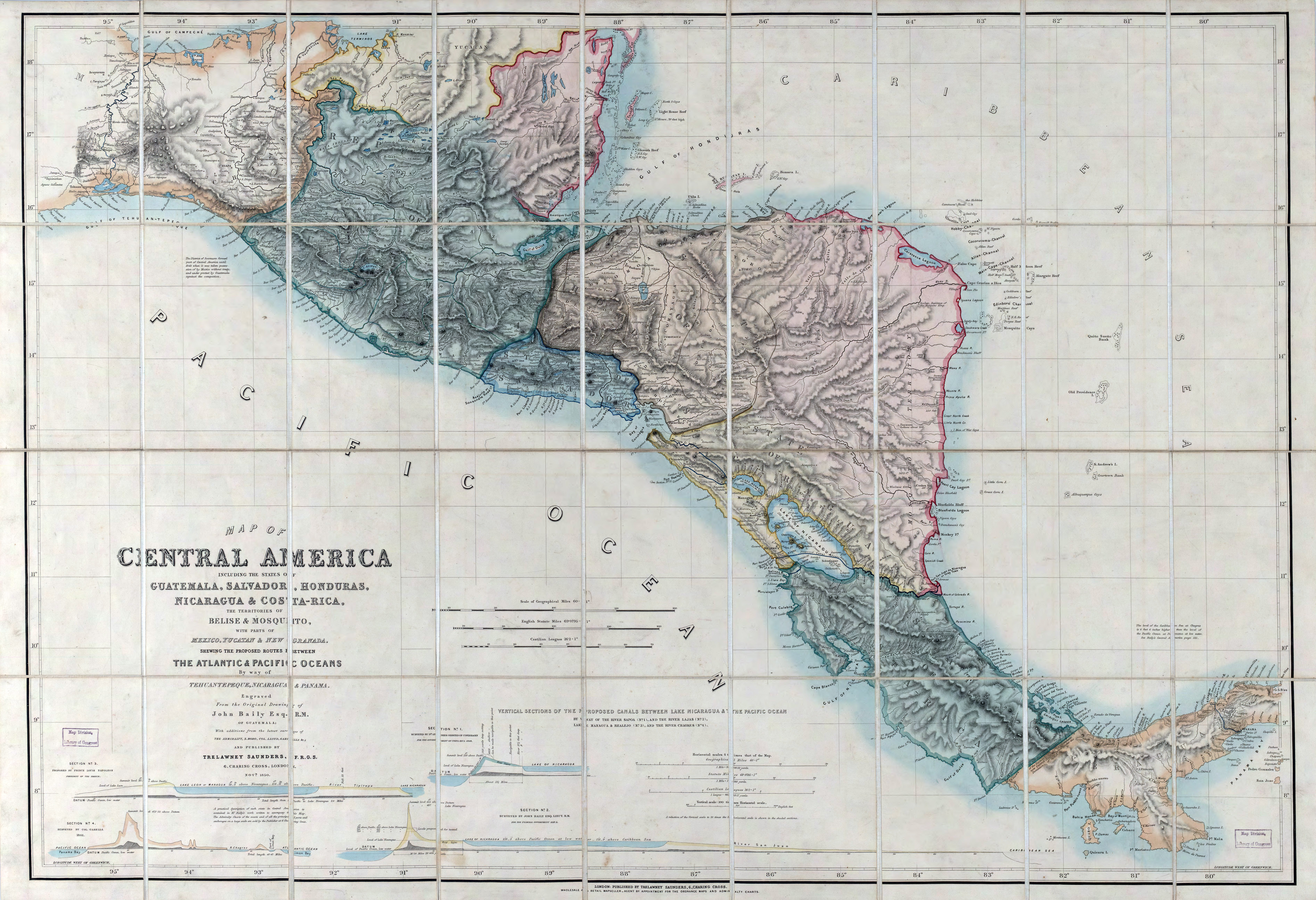 Large Scale Old Map Of Central America 1850 Nicaragua North