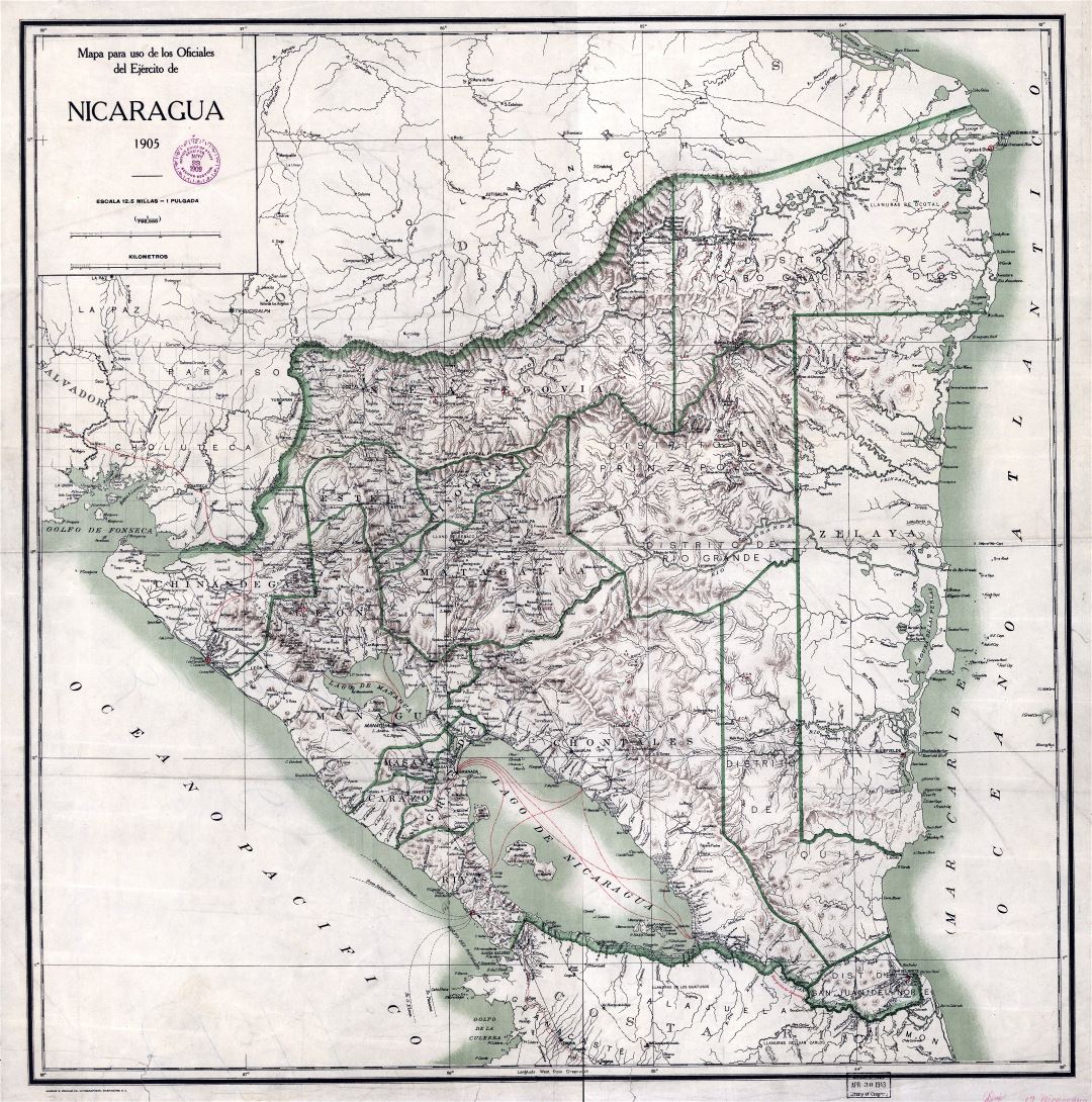 Large scale old map of Nicaragua with administrative divisions and relief - 1905