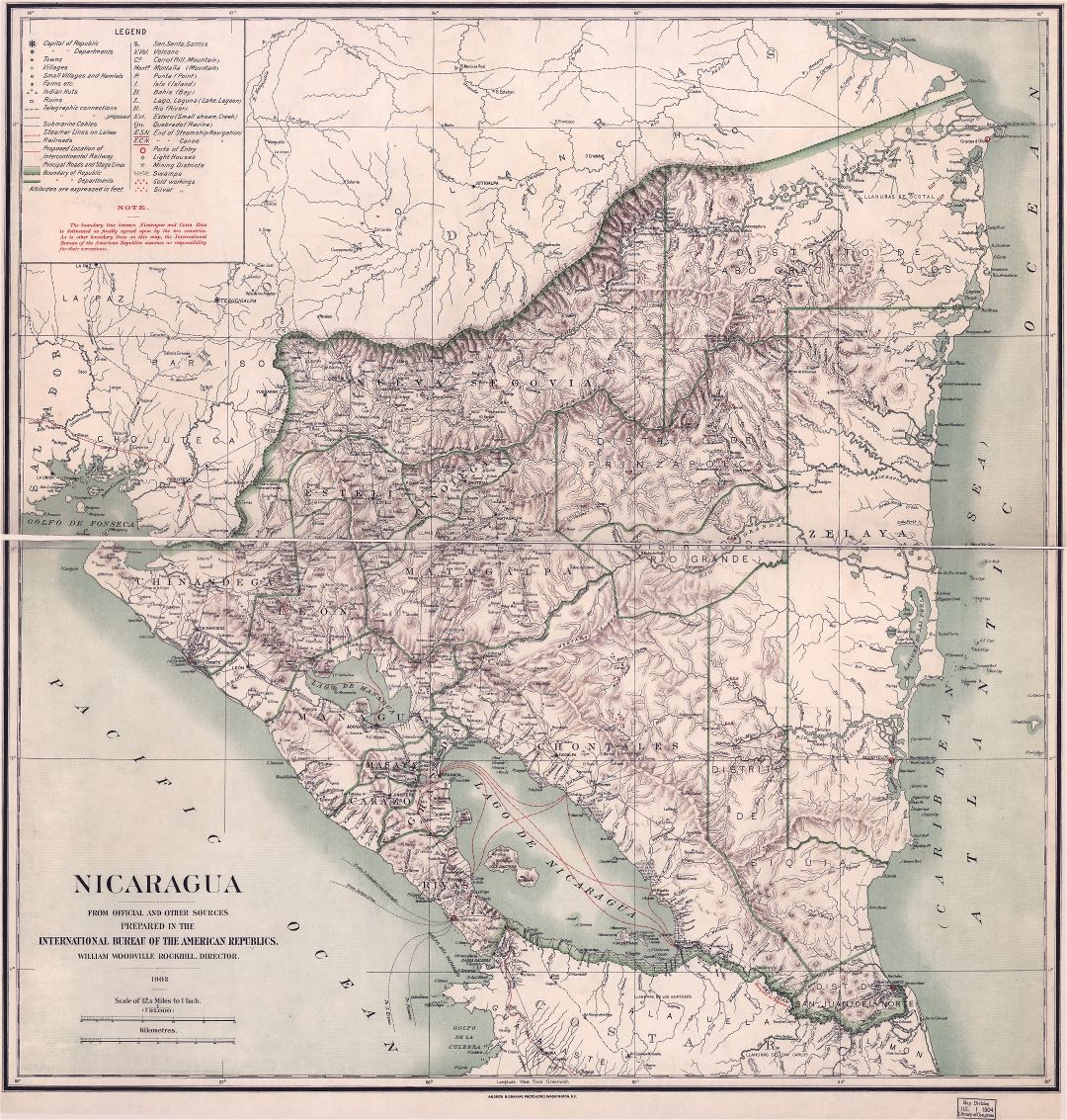 Large scale old political and administrative map of Nicaragua with relief and other marks - 1903