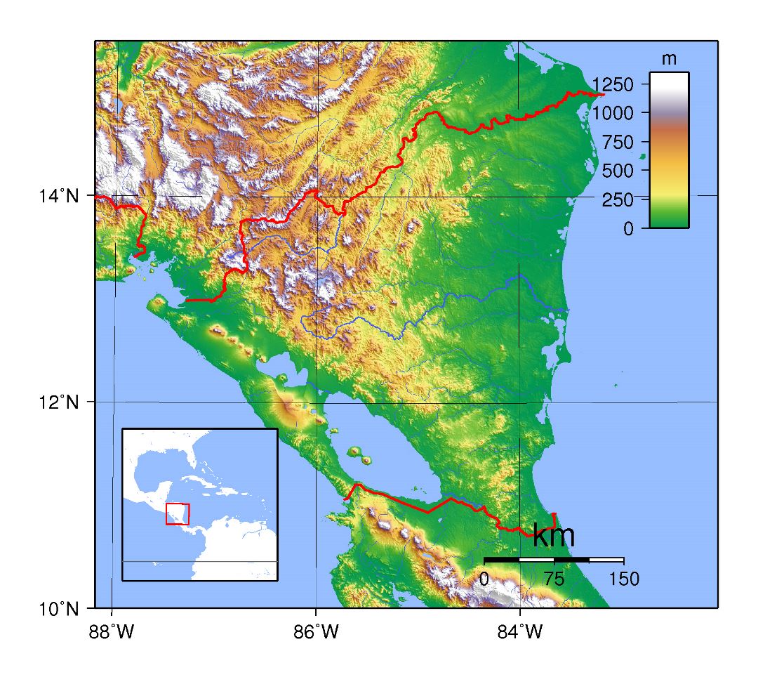 Large topographical map of Nicaragua