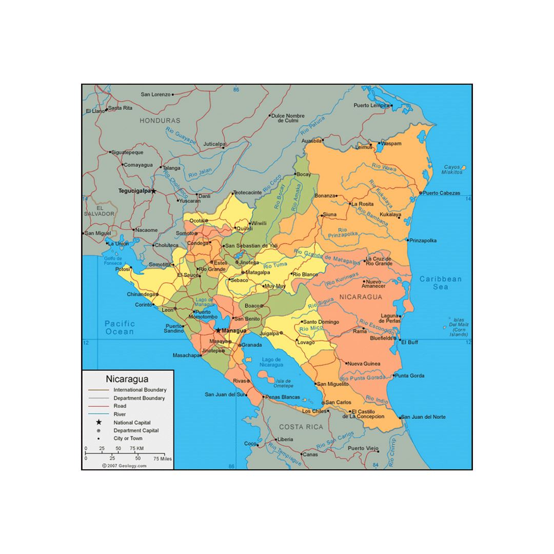 Political and adminitrative map of Nicaragua with roads, rivers and major cities