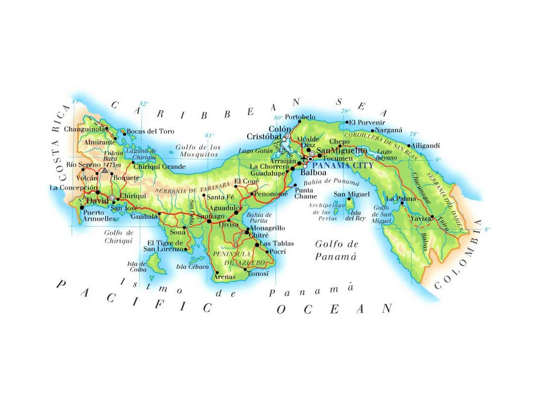 Detailed elevation map of Panama with roads, cities and airports