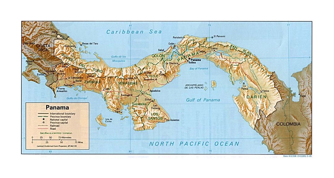 Detailed political and administrative map of Panama with relief, roads, railroads and cities - 1995