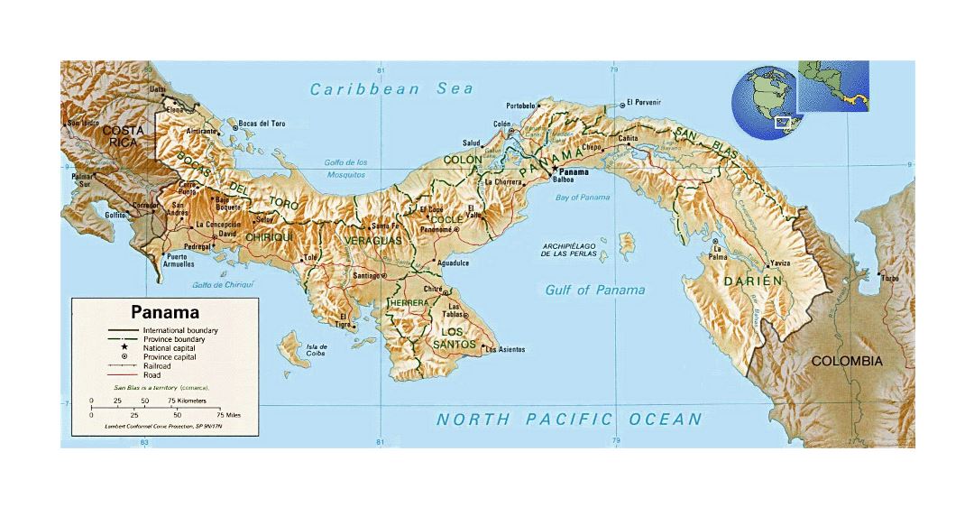 Detailed political and administrative map of Panama with relief, roads, railroads and major cities