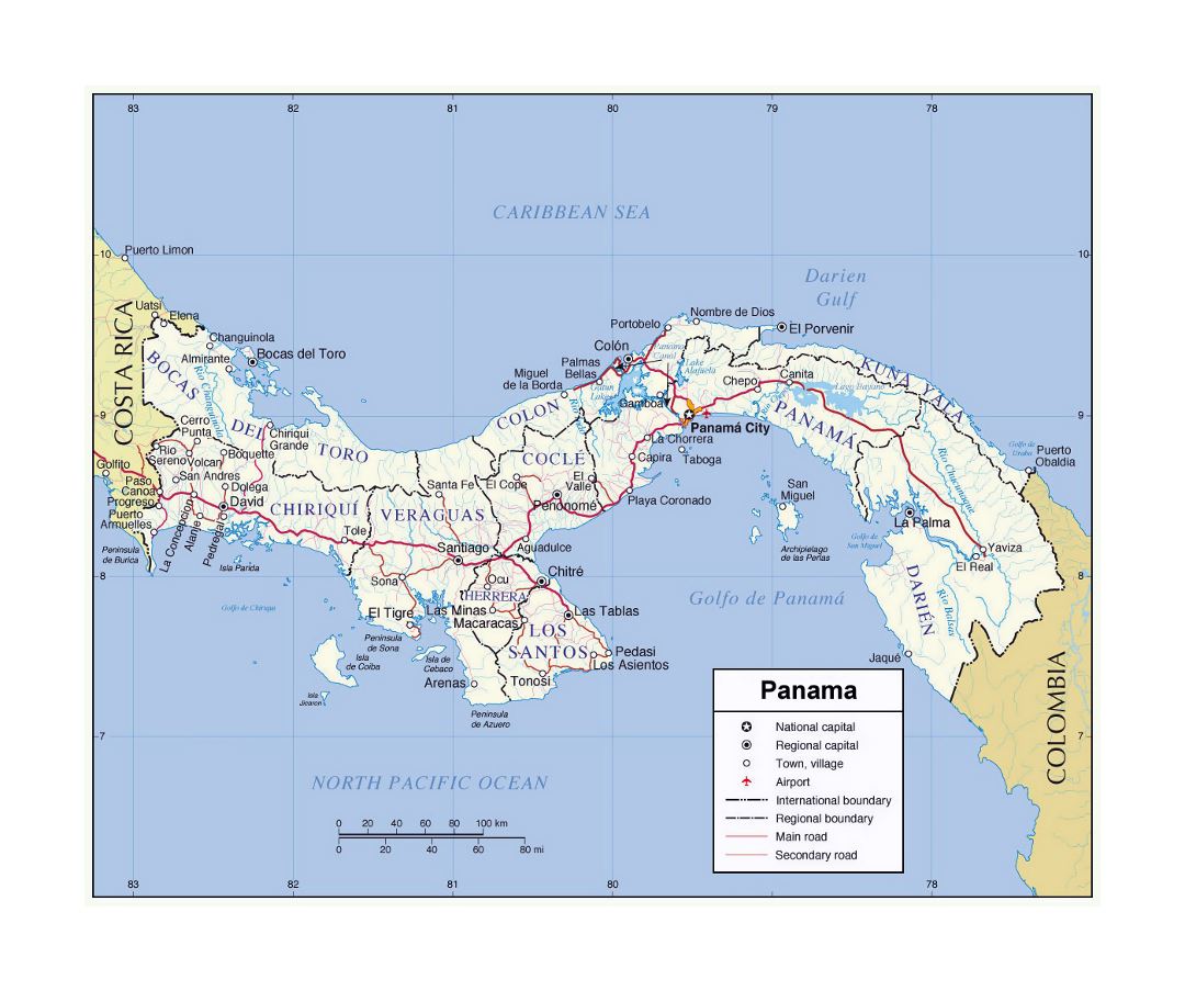 Detailed political and administrative map of Panama with roads, cities and airports