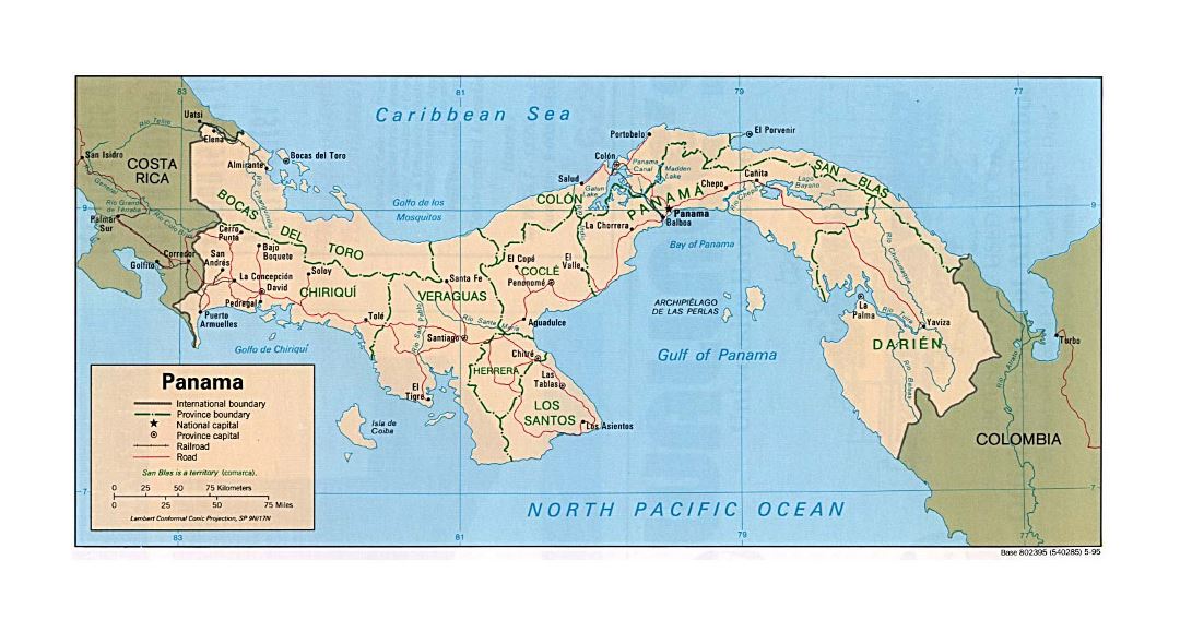 Detailed political and administrative map of Panama with roads, railroads and cities - 1995