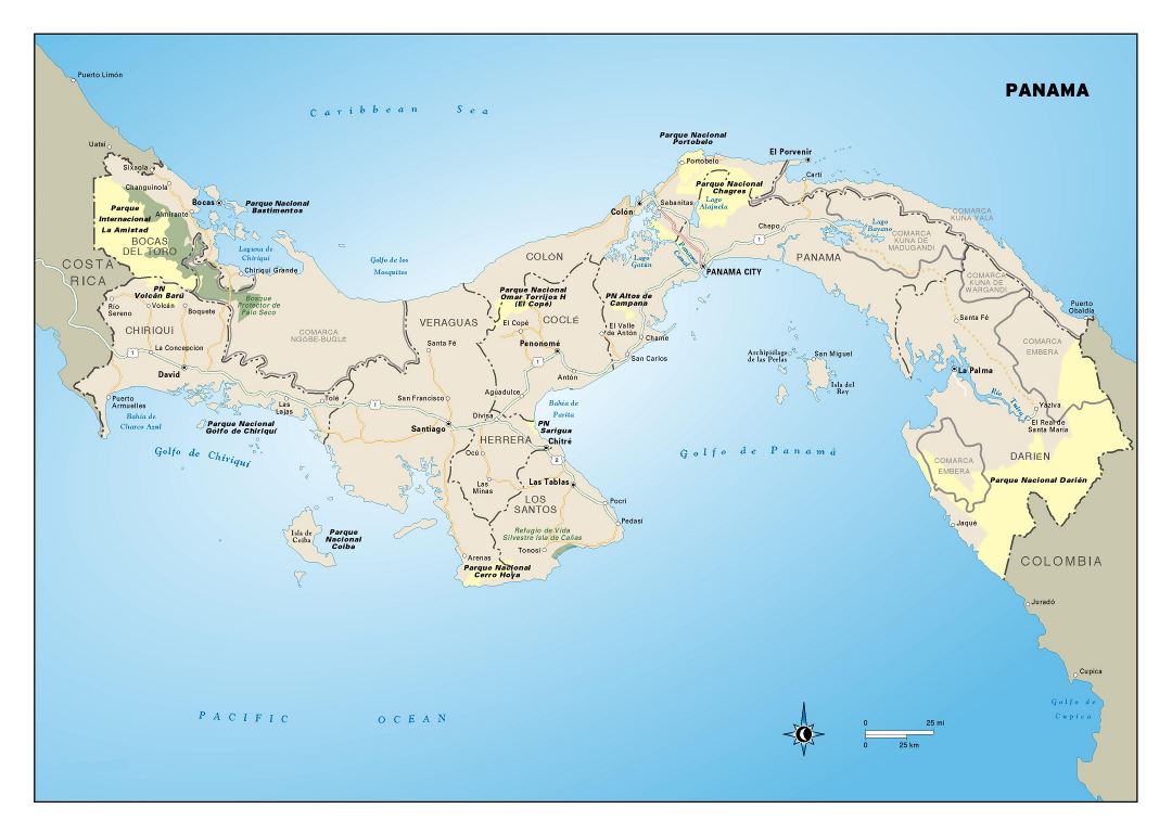 Large detailed map of Panama with administrative divisions, roads, cities and national parks