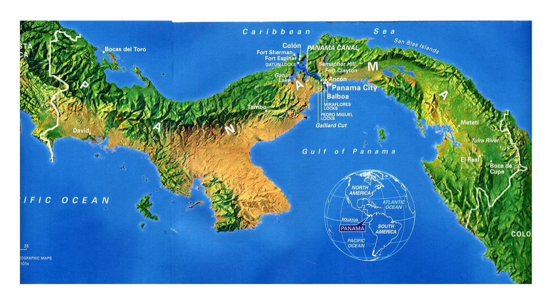 Large detailed map of Panama with relief and cities