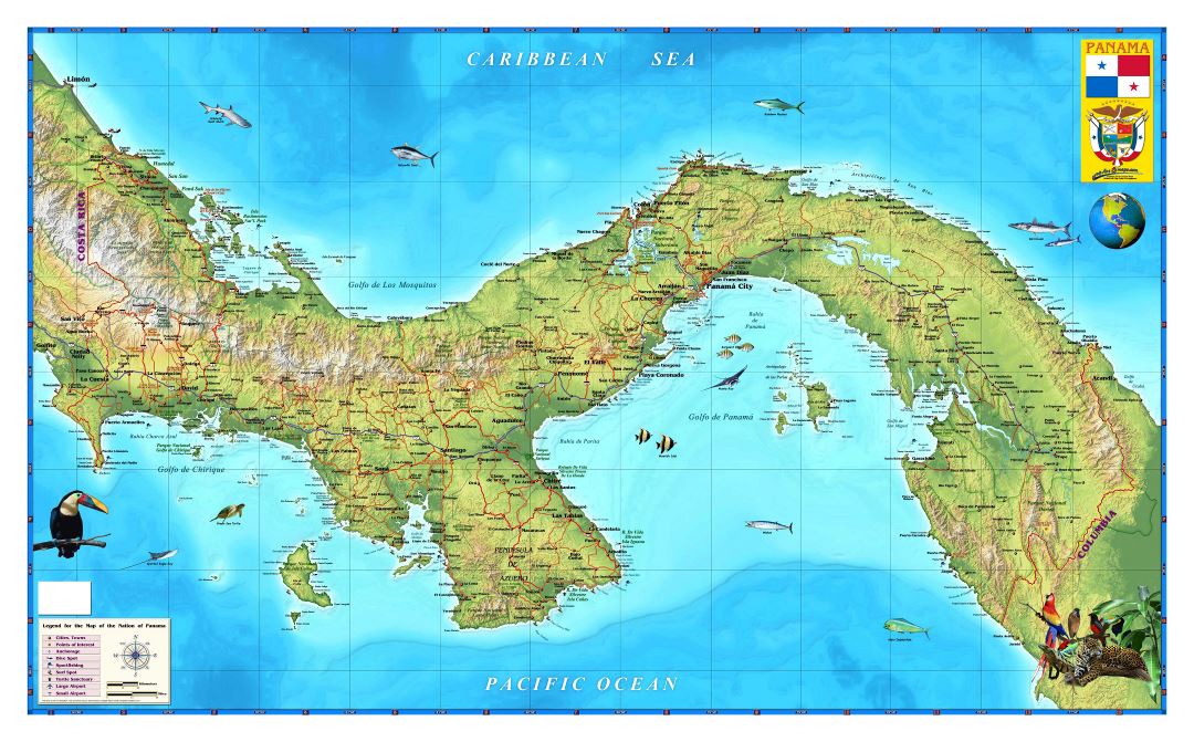 Large detailed map of Panama with relief and other marks