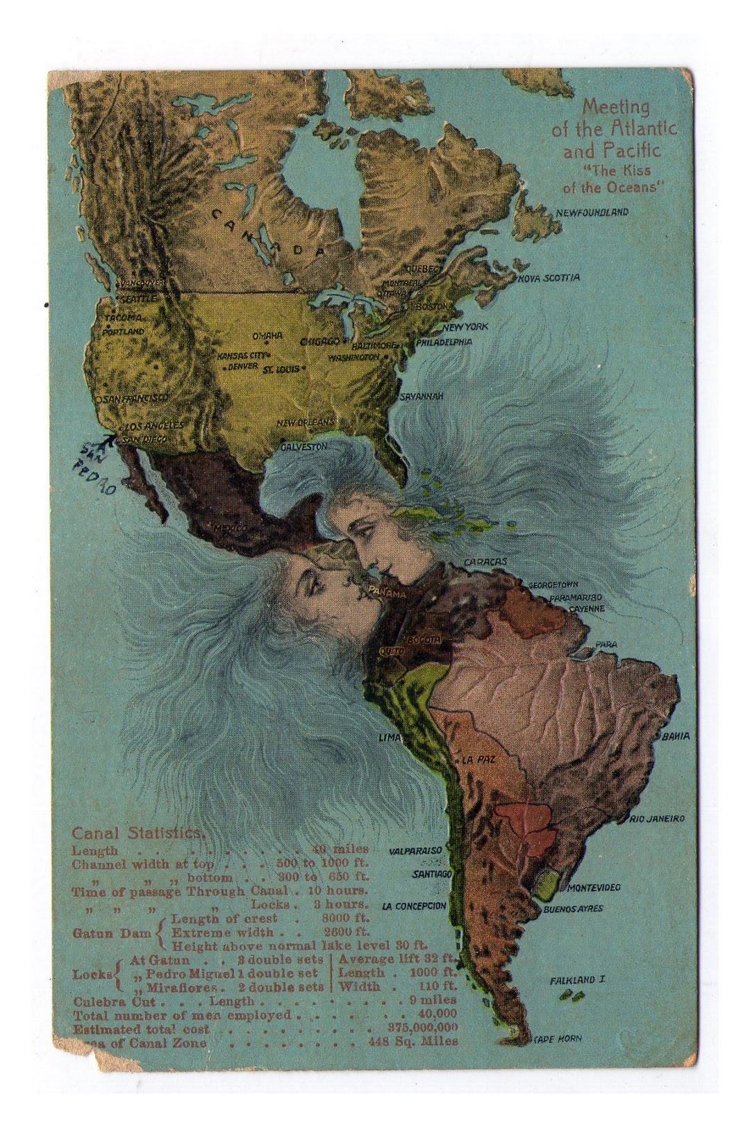 Large old kiss of the oceans map of America