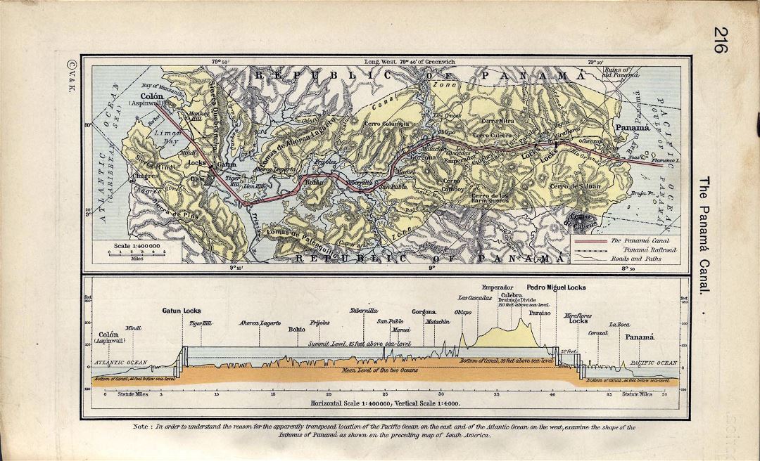 Large old map of Panama canal with relief and other marks