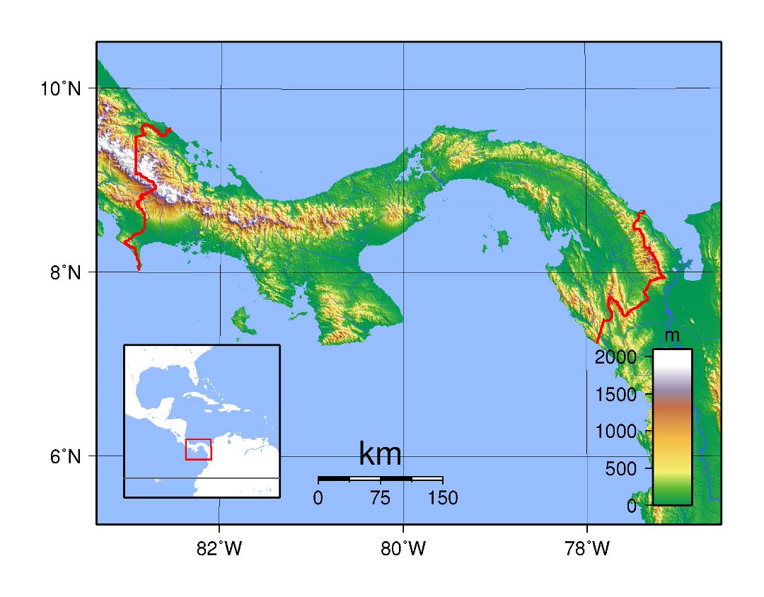 Large topographical map of Panama