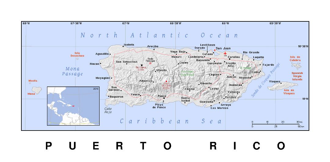 Detailed political map of Puerto Rico with relief