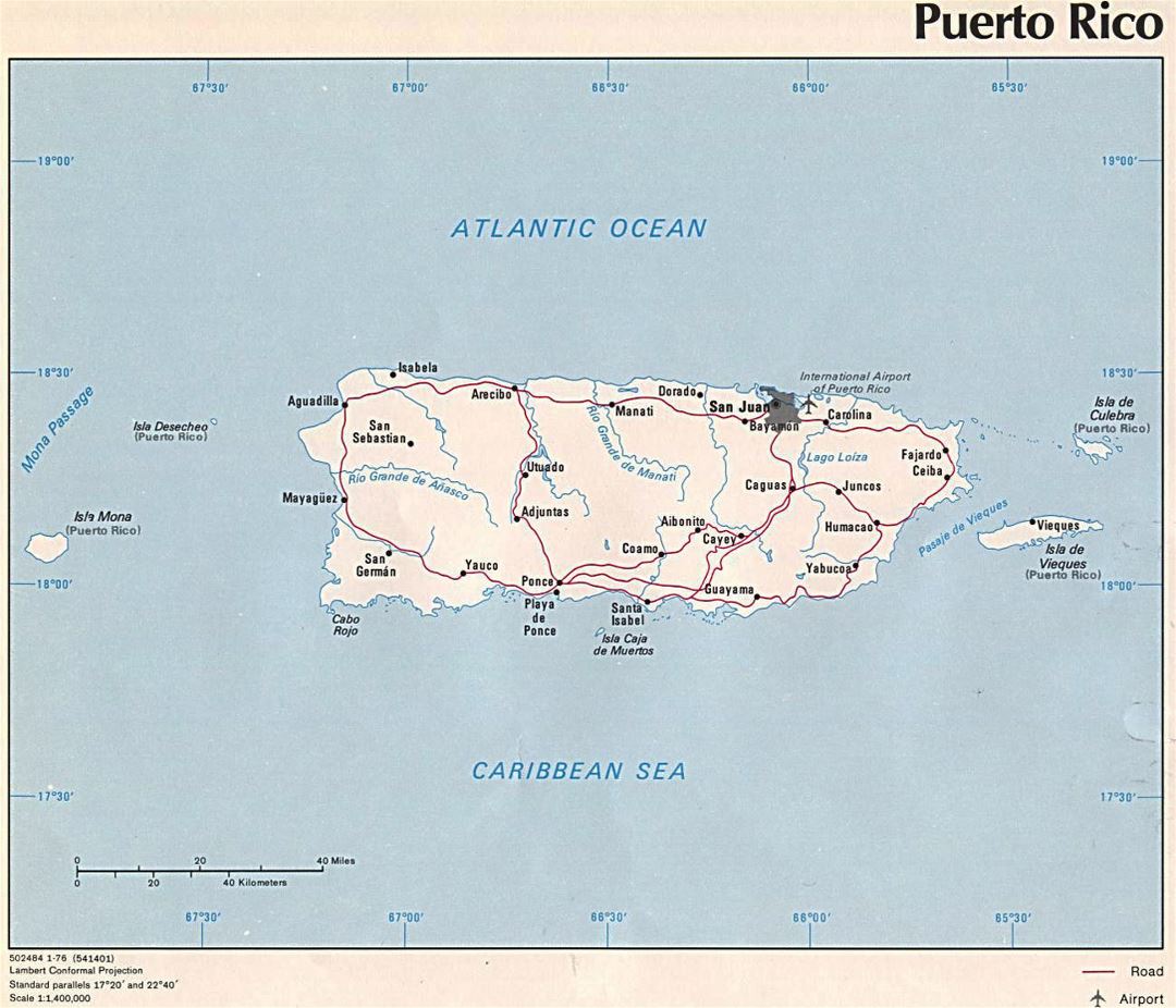 Detailed political map of Puerto Rico with roads, cities and airport - 1976
