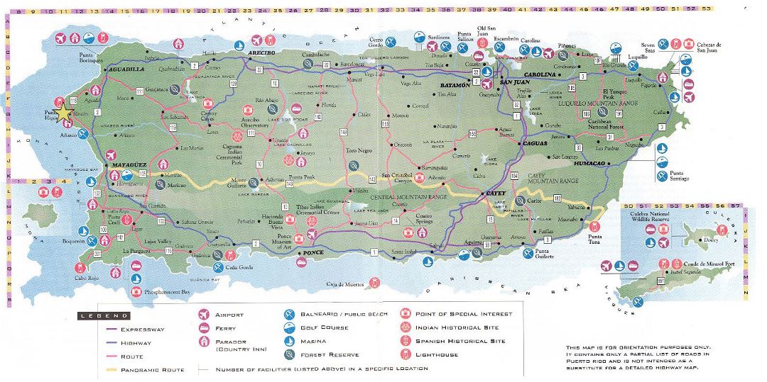 Detailed tourist map of Puerto Rico with roads and other marks