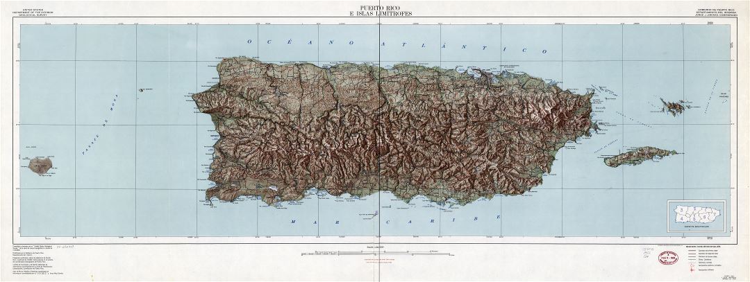 Large detailed map of Puerto Rico with relief and other marks - 1952
