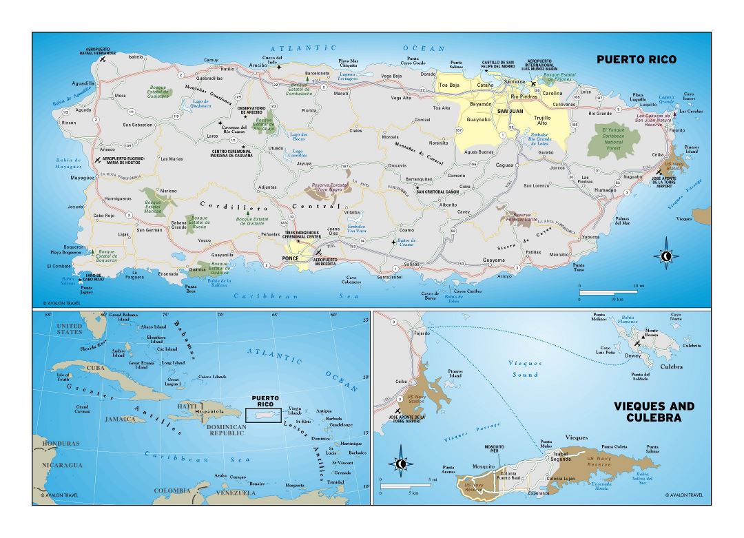 Large detailed map of Puerto Rico with roads, cities, national parks and airports