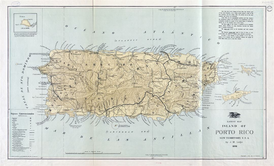 Large detailed old map of Puerto Rico with relief and other marks - 1898