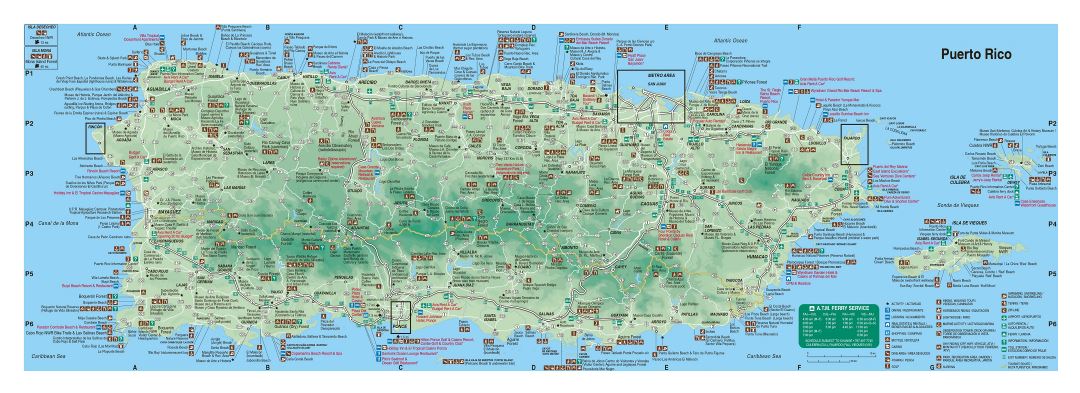 Large detailed tourist map of Puerto Rico with roads, cities and other marks