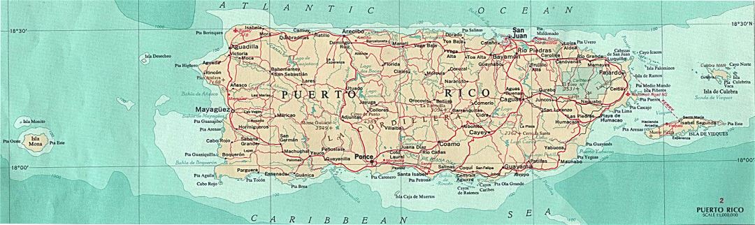 Large map of Puerto Rico with roads and cities