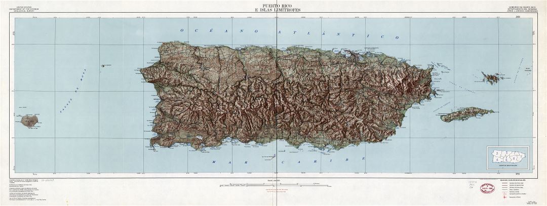 Large scale detailed map of Puerto Rico with relief and other marks - 1952