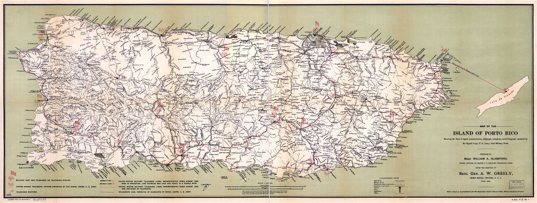 Large scale detailed old map of Puerto Rico with roads, cities, villages and other marks - 1900
