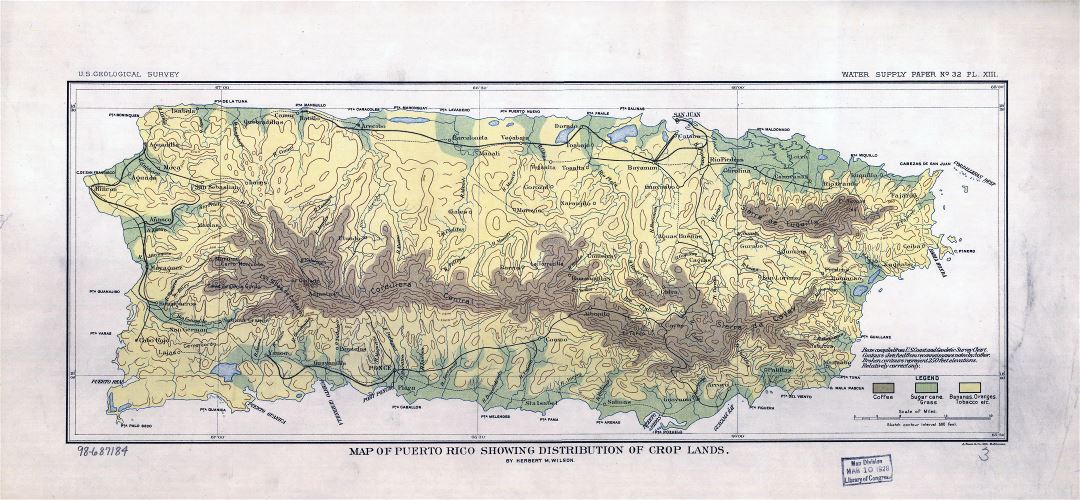 Large scale old map of Puerto Rico - showing distribution of crop lands - 1899