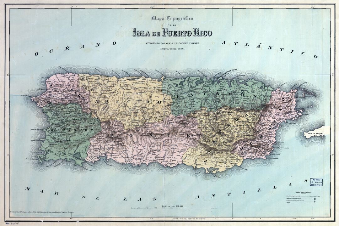 Large scale old map of Puerto Rico with administrative divisions, relief and other marks - 1886
