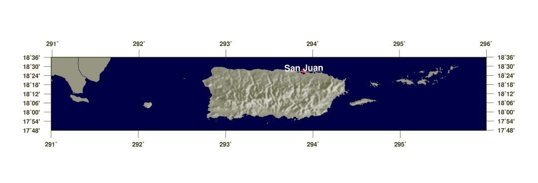 Large shaded relief map of Puerto Rico