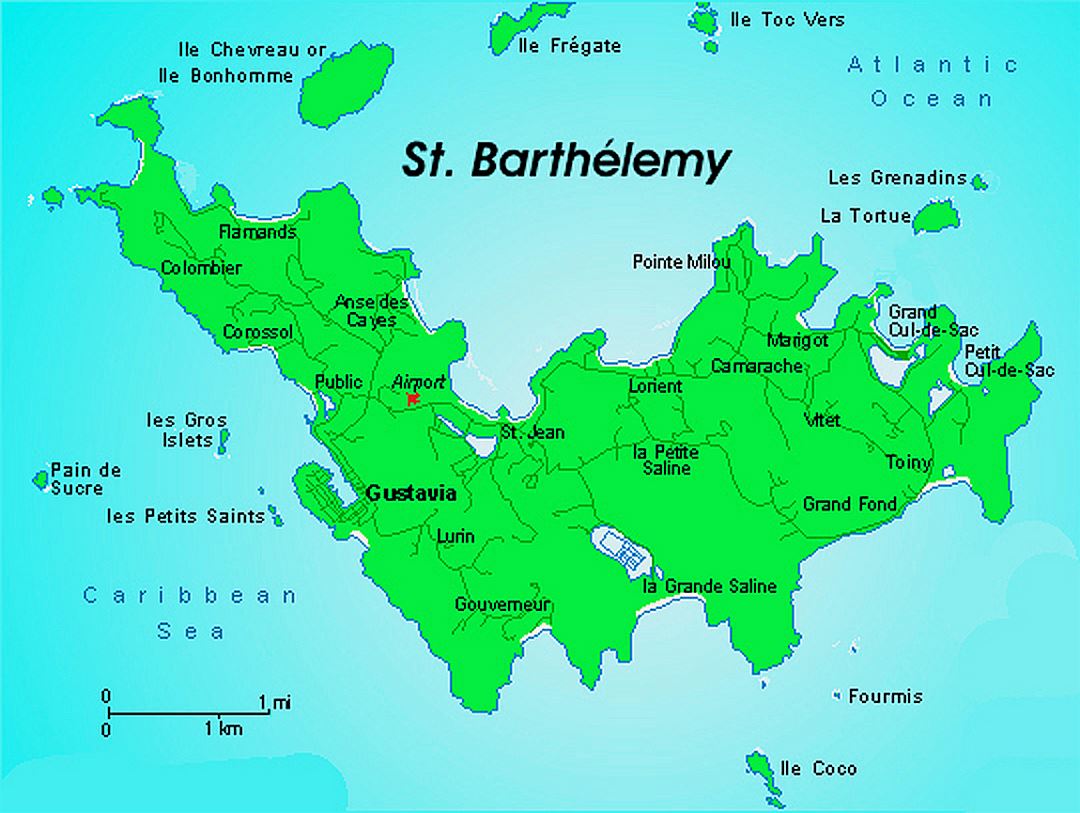 Detailed map of St. Barthelemy with roads and cities
