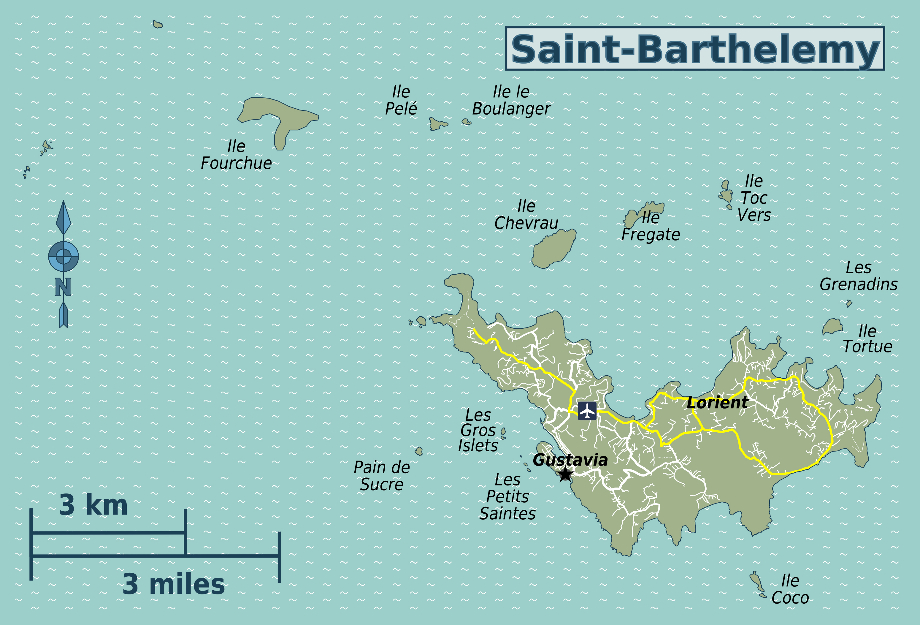 Large detailed map of Saint Barthelemy with roads and airport, Saint  Barthelemy, North America, Mapsland