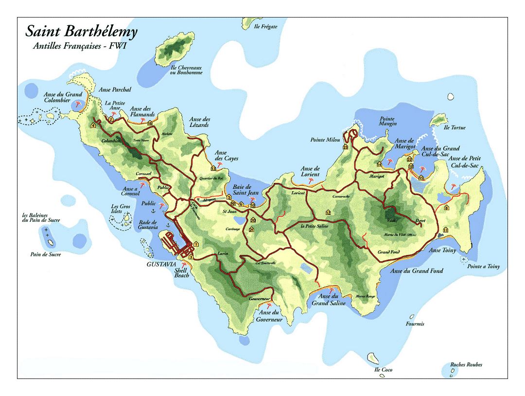 Large road and tourist map of St. barthelemy Island