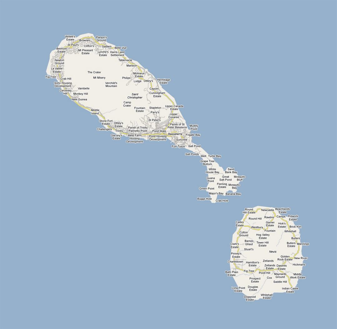 Large road map of Saint Kitts and Nevis with cities