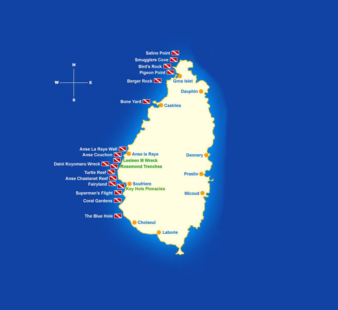 Detailed dive map of Saint Lucia