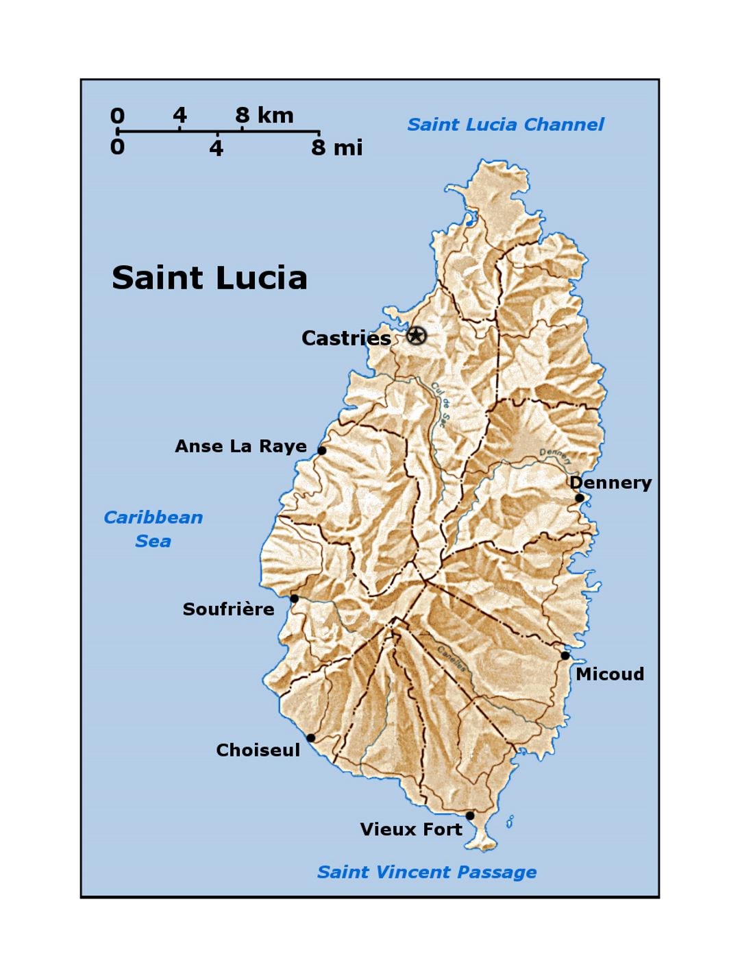 Detailed map of Saint Lucia with relief
