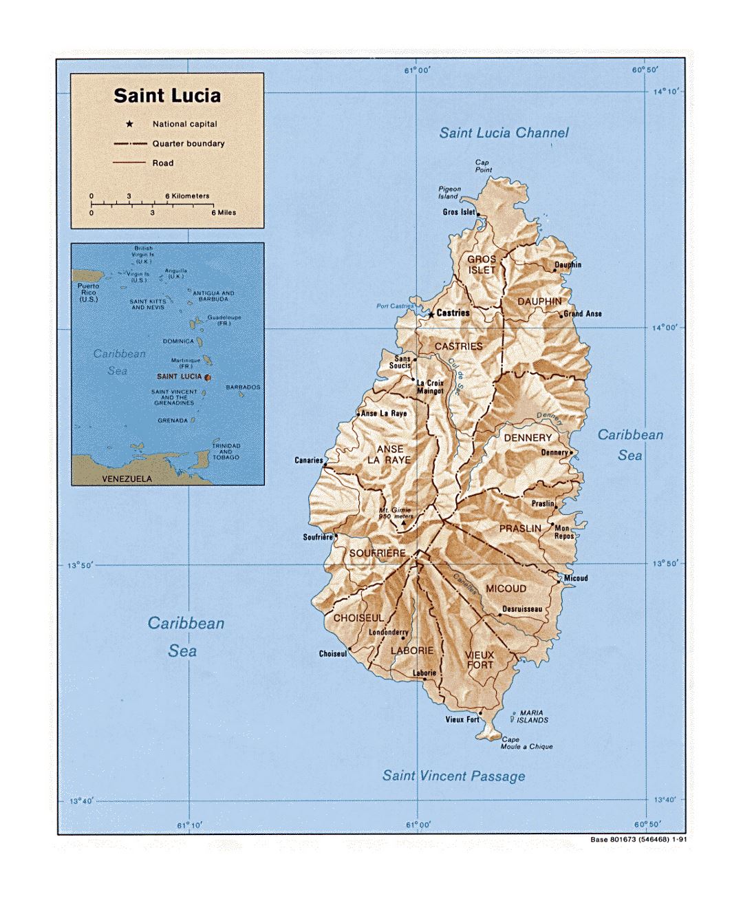 Detailed political and administrative map of Saint Lucia with relief, roads and cities - 1991