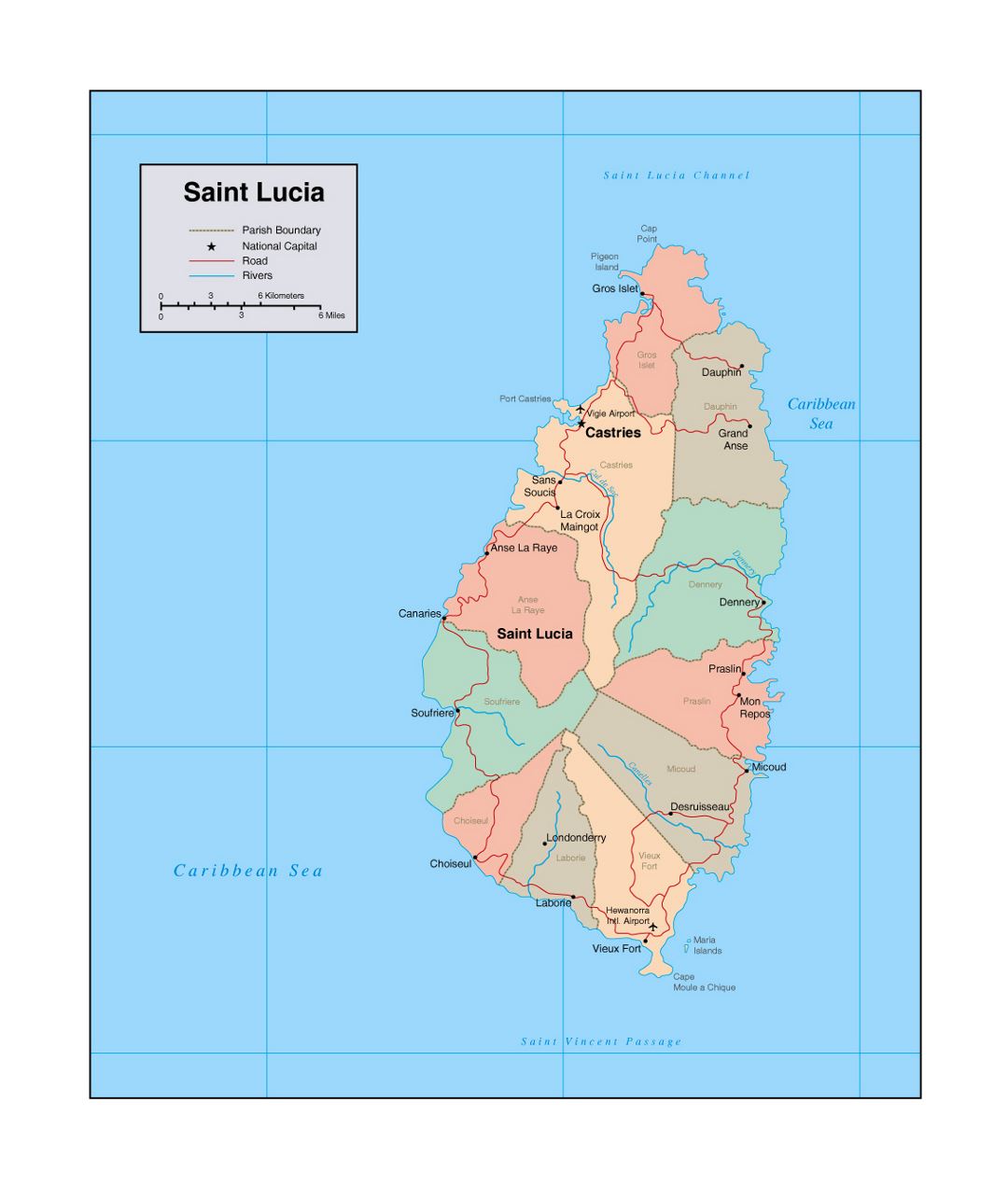Detailed political and administrative map of Saint Lucia with rivers, roads, cities and airports